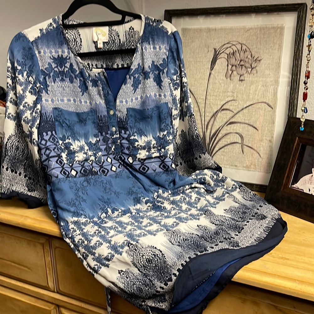 Dress with denim blues and cream print by fig and flower. Lined. 3/4 sleeve